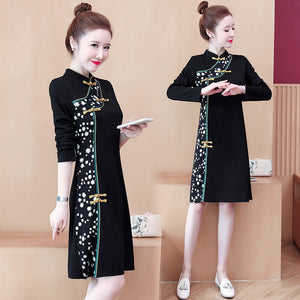 Stand Collar Retro Buckle Long Sleeve Women Improved Cheongsam Autumn Chinese Style Plus Size Elegant Slim Dress Female Qipao