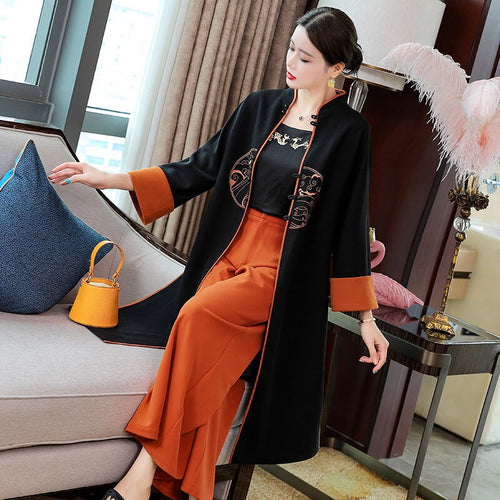 Stand Collar Vintage Print Buckle Long Cheongsam Top Wide Leg Pant Women Chinese Style 2 Piece Set 2021 Autumn Retro Clothes Set