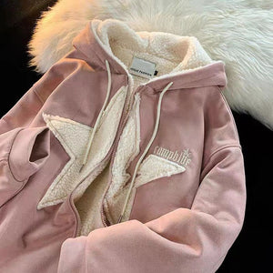 Star Hoodie American Style Retro Jackets Five Pointed Plush Thickened Lamb Wool Coat Women Autumn and Winter Loose Lazy Style