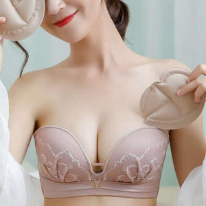 Strapless-Bra for Women Sexy Lace Solid Underwear Ultra Thin Seamless Bra Small Breast Show Big Chest Lingerie Suit Wireless