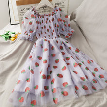 Load image into Gallery viewer, Strawberry Dress Women French Style Lace Chiffon Sweet Dress Casual Puff Sleeve Elegant Printed Kawaii Dress Women 2021 New