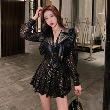 Load image into Gallery viewer, Street Fashion Suit Women Autumn Black Leather Vest+Sequined V-neck Sexy Short Dress Lantern Sleeve Pleated Skirt Fall Korean