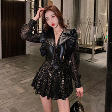 Load image into Gallery viewer, Street Fashion Suit Women Autumn Black Leather Vest+Sequined V-neck Sexy Short Dress Lantern Sleeve Pleated Skirt Fall Korean