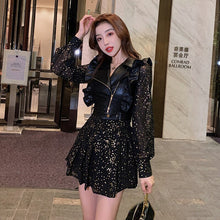 Load image into Gallery viewer, Street Fashion Suit Women Autumn Black Leather Vest+Sequined V-neck Sexy Short Dress Lantern Sleeve Pleated Skirt Fall Korean