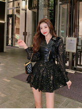 Load image into Gallery viewer, Street Fashion Suit Women Autumn Black Leather Vest+Sequined V-neck Sexy Short Dress Lantern Sleeve Pleated Skirt Fall Korean