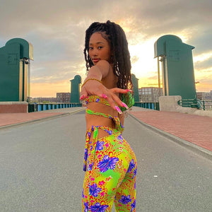 Streetwear Print Hollow Out 2 Two Piece Sets Women Summer Matching Set Female Halter Backless Crop Top Bandage Long Pants