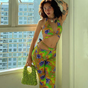 Streetwear Print Hollow Out 2 Two Piece Sets Women Summer Matching Set Female Halter Backless Crop Top Bandage Long Pants