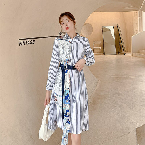 Striped Patchwork Vintage Print High Waist Mini Dress Women Autumn Fashion Office Single-breasted Shirt Dress Female Vestidos