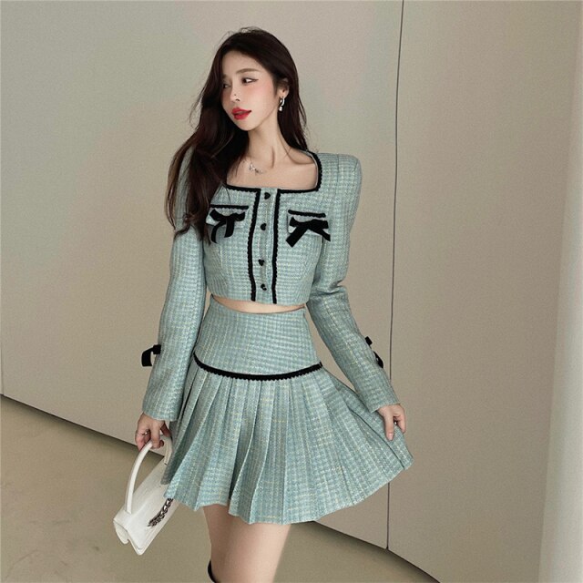Suits Women Spring Autumn Square Collar Temperament Tweed Bowknot Short Jacket + High Waist A-Line Pleated Skirt Two-Piece Sets