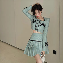 Load image into Gallery viewer, Suits Women Spring Autumn Square Collar Temperament Tweed Bowknot Short Jacket + High Waist A-Line Pleated Skirt Two-Piece Sets