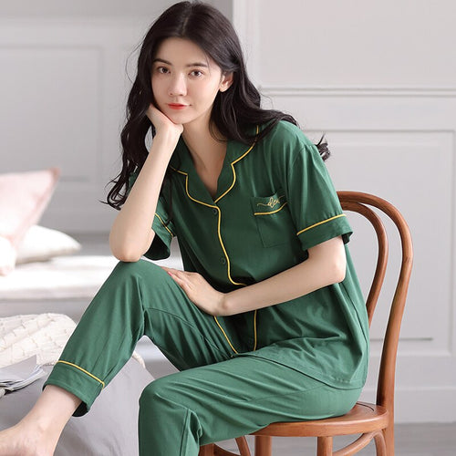 Summer 100% modal cotton long-sleeved trousers ladies pajamas suit simple green colour style long pajamas women's home service