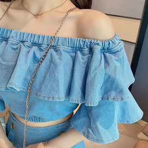 Summer 2021 Korean Temperament Slash Neck Ruffle Top + High-waisted Fishtail Half-length Skirts Denim Suits Two Piece Sets Women