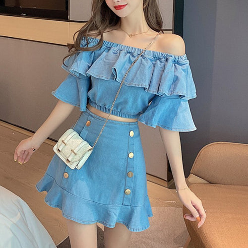 Summer 2021 Korean Temperament Slash Neck Ruffle Top + High-waisted Fishtail Half-length Skirts Denim Suits Two Piece Sets Women