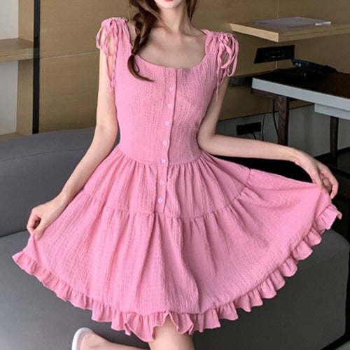 Summer 2021 New Lace-up Spaghetti Strap Dress Women French Sweet Style Chiffon A-line Sleeveless Ruffle Single Breasted Vestidos