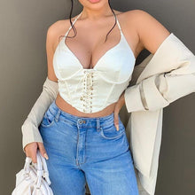 Load image into Gallery viewer, Summer 2021 New Style Fashion Women's Sexy Fashion Velvet Strap Open Back Suspender Bra Upper Outer Lace Up Tank