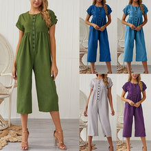 Load image into Gallery viewer, Summer 2021 New Women&#39;s Fashion Sexy Solid O Neck Short Sleeve Buttons Tunic Straight Calf Lenght Pants Ladies Skinny Jumpsuits