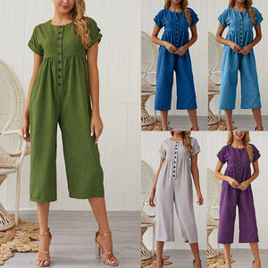 Summer 2021 New Women's Fashion Sexy Solid O Neck Short Sleeve Buttons Tunic Straight Calf Lenght Pants Ladies Skinny Jumpsuits