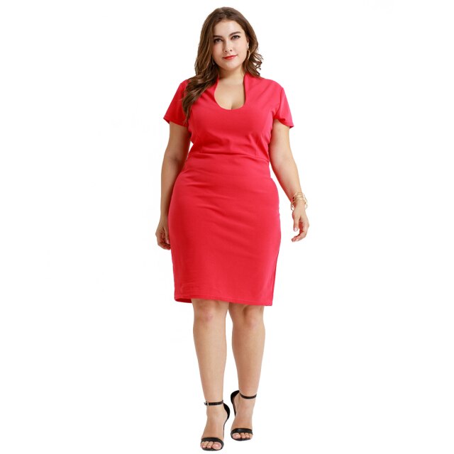 Summer 2021 Plus Size Dress Fashion Sexy Slim OL Style Short Sleeve Red Vestidos Office Elegant Dress Retro Women's Knee Dress