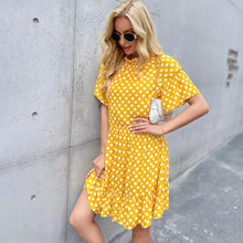 Load image into Gallery viewer, Summer 2021 Women &#39;s O-neck New Chiffon Dotted Prints Short Skirt Pullover Cotton Mid Waist Yellow Loose Polka Dot Swing Dress