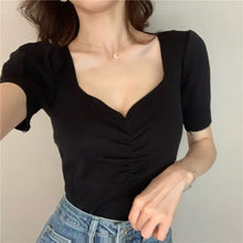Load image into Gallery viewer, Summer 2022 New All Match Slim Female Tee Sexy V-neck Woman Knitted T-shirts Fashion Puff Short Sleeve Solid Knit Tops Woman