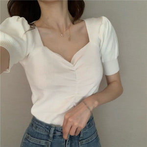 Summer 2022 New All Match Slim Female Tee Sexy V-neck Woman Knitted T-shirts Fashion Puff Short Sleeve Solid Knit Tops Woman