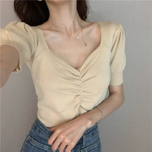 Load image into Gallery viewer, Summer 2022 New All Match Slim Female Tee Sexy V-neck Woman Knitted T-shirts Fashion Puff Short Sleeve Solid Knit Tops Woman