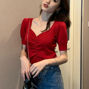Summer 2022 New All Match Slim Female Tee Sexy V-neck Woman Knitted T-shirts Fashion Puff Short Sleeve Solid Knit Tops Woman