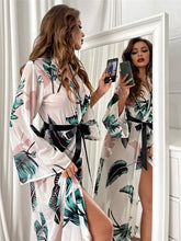 Load image into Gallery viewer, Summer Autumn Women&#39;s Bathrobe Print Belted Bridesmaid Robe Open Side Long Night Gown Mesh Nightie