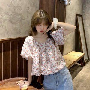 Summer Beach Floral Kawaii Shirt Women Print Holiday Sweet Cute Korean Clothing Short Sleeve O-neck Street Fashion Elegant Tops
