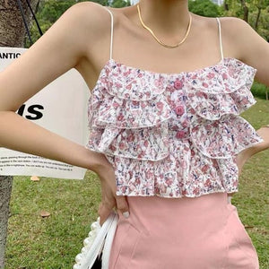 Summer Beach Floral Sexy Halter Tops Women Backless Print Lace Kawaii Chiffon Blouse Ruffle Korean Style Sweet Holiday Tops 2021