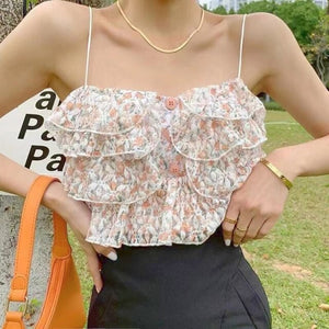 Summer Beach Floral Sexy Halter Tops Women Backless Print Lace Kawaii Chiffon Blouse Ruffle Korean Style Sweet Holiday Tops 2021