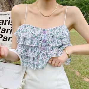Summer Beach Floral Sexy Halter Tops Women Backless Print Lace Kawaii Chiffon Blouse Ruffle Korean Style Sweet Holiday Tops 2021