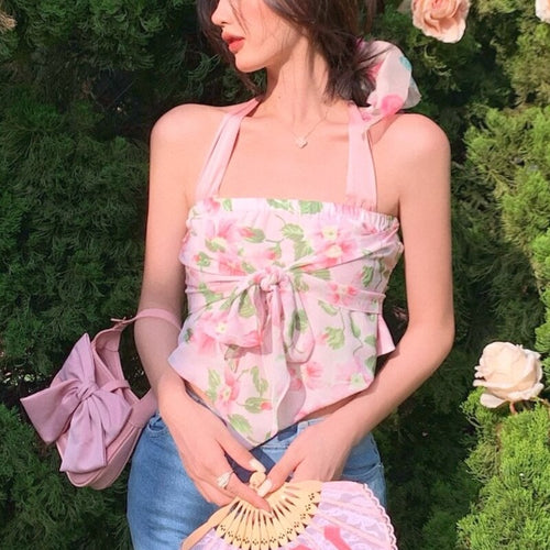 Summer Beach Sexy Floral Crop Top Women Print Y2k Sweet Boho Party Casual Vest 2021 Backless High Street Cute Korean Halter Tops