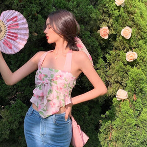 Summer Beach Sexy Floral Crop Top Women Print Y2k Sweet Boho Party Casual Vest 2021 Backless High Street Cute Korean Halter Tops