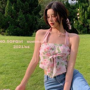 Summer Beach Sexy Floral Crop Top Women Print Y2k Sweet Boho Party Casual Vest 2021 Backless High Street Cute Korean Halter Tops