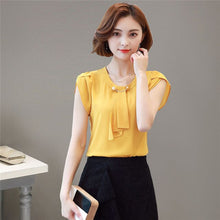 Load image into Gallery viewer, Summer Blouse Women Chiffon Shirt Office Work Slim Tops Short Sleeve Shirts Korean Bow Neck Ruffle Yellow Red Blouses Blusas