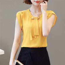 Load image into Gallery viewer, Summer Blouse Women Chiffon Shirt Office Work Slim Tops Short Sleeve Shirts Korean Bow Neck Ruffle Yellow Red Blouses Blusas