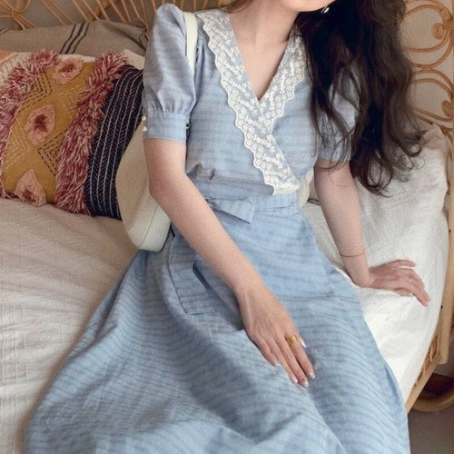 Summer Blue Vintage Sweet Dress Women Lace V-Neck High Waist Stripe Elegant Midi Dress Female Slim Beach Cusual Party Dress 2021