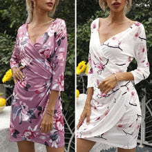Load image into Gallery viewer, Summer Boho Dresses 2021 Women Floral Print Sexy V Neck Beach Ruffle Dress 3/4 Sleeve A Line Mini Dress Wrap Sundress Robe Femme