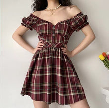 Load image into Gallery viewer, Summer Boho Red Retro V-neck Puff Sleeve Plaid Print Dress Women Pleated A-line Elegant Sexy Beach Party Brown Girl Dresses 2021