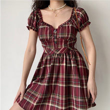 Load image into Gallery viewer, Summer Boho Red Retro V-neck Puff Sleeve Plaid Print Dress Women Pleated A-line Elegant Sexy Beach Party Brown Girl Dresses 2021