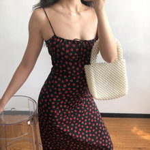 Load image into Gallery viewer, Summer Boho Red Strawberry Floral Print Spaghetti Strap Dress Women Black Elegant Sleeveless Sexy Beach Party Long Dresses 2021