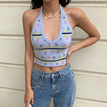 Load image into Gallery viewer, Summer Camis Print Women Sexy Halter V Neck Crop Top Tank Tops Backless Sleeveless Basic Blue Short Slim Beach Cropped Vintage