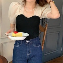 Load image into Gallery viewer, Summer Casual Knitting Blouse Tops for Women French Puff Sleeve Patchwork Sweet Blouse Shirt Slim Beach Outing Kawaii Tops 2021