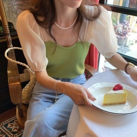 Summer Casual Knitting Blouse Tops for Women French Puff Sleeve Patchwork Sweet Blouse Shirt Slim Beach Outing Kawaii Tops 2021