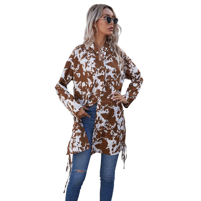 Summer Casual Print Long Shirts Women Spring Fashion New Arrival 2021 Button Loose Long Sleeve Blouse Femme Lace Up Black Shirt