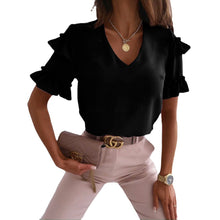Load image into Gallery viewer, Summer Casual Ruffles Short Sleeve Shirt Blouse Women Spring V-neck Pure Color Loose Blusas Elegantes White Tops Women 2021