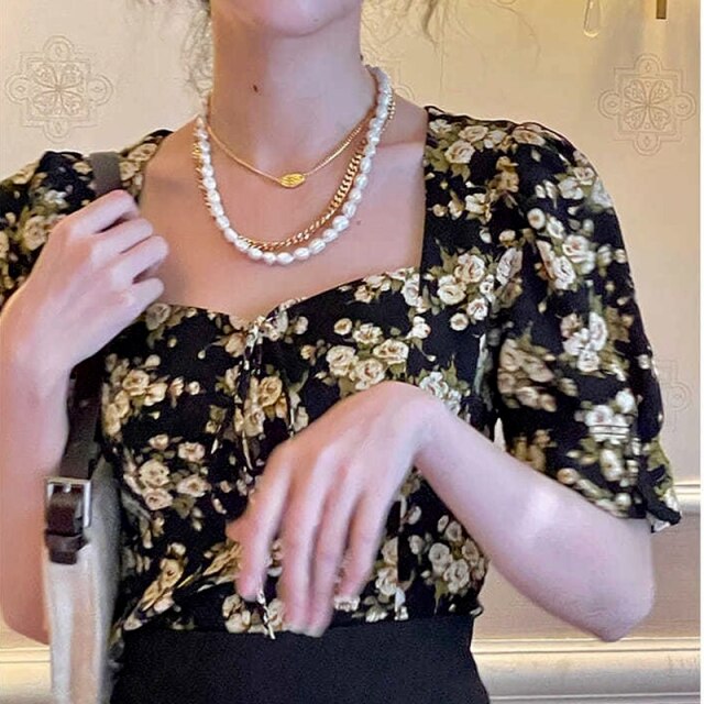Summer Casual Vintage Floral Blouse Tops for Women Puff Sleeve Sexy Sweet Mini Blouse Chic Party Designer Korean Clothing Boho
