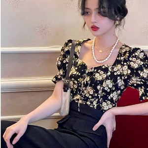 Summer Casual Vintage Floral Blouse Tops for Women Puff Sleeve Sexy Sweet Mini Blouse Chic Party Designer Korean Clothing Boho