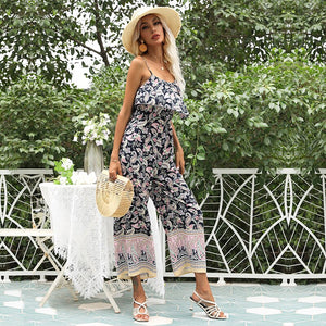 Summer Casual Women Jumpsuit Sexy Sleeveless Sling Print Halter Wrapped Chest Romper Loose Streetwear Jumpsuit